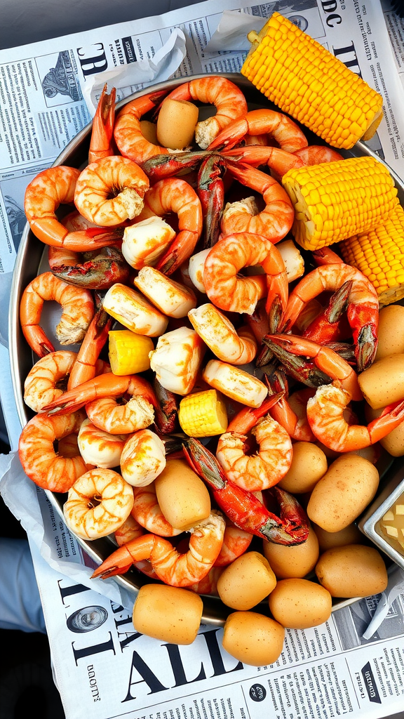 A seafood boil featuring shrimp, corn, potatoes, and sausage served on a tray.