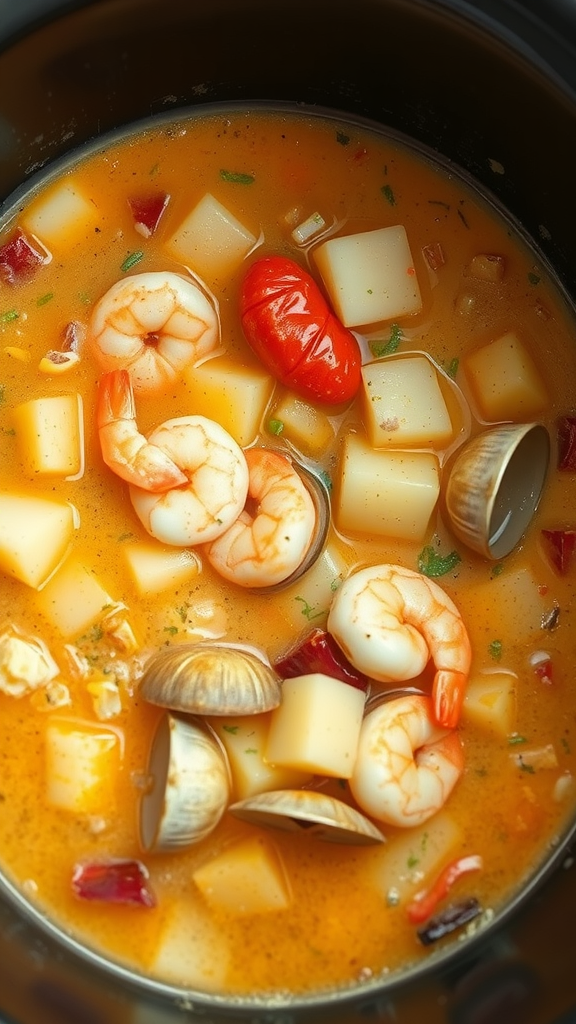 A close-up of a seafood chowder in a crockpot, featuring shrimp, clams, and potatoes in a rich broth.