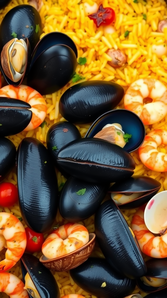 A vibrant seafood paella filled with shrimp, mussels, and saffron rice