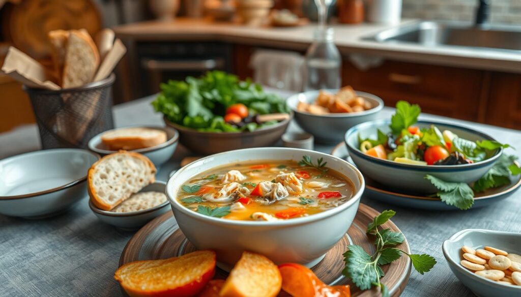 serving chicken soup with side dishes and appealing presentation