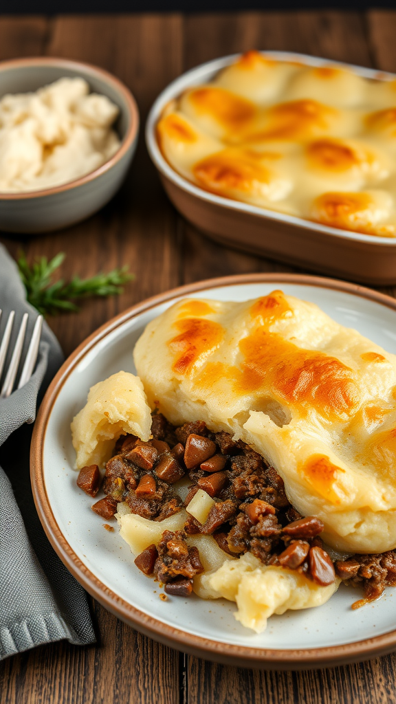 A serving of Shepherd's Pie with a golden mashed potato top and a rich meat filling.