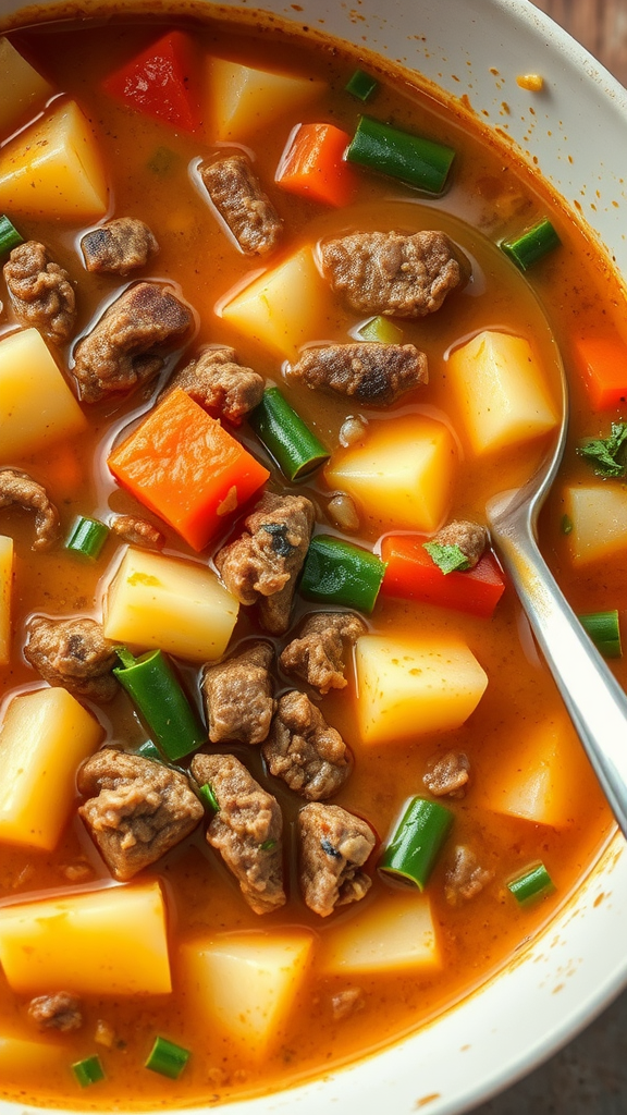 A bowl of Shepherd's Pie Soup filled with potatoes, carrots, beef, and green onions in a savory broth.