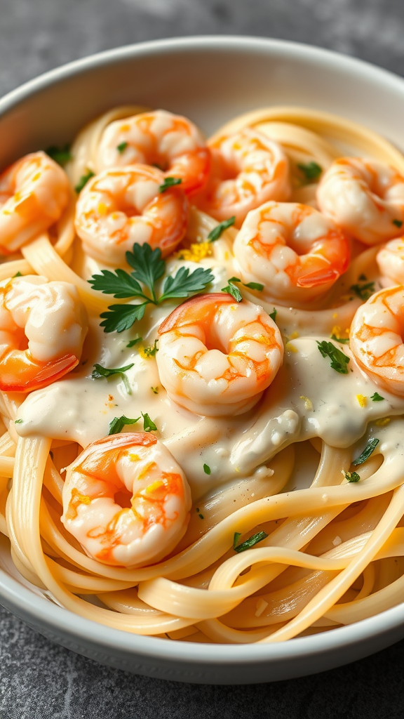 A bowl of shrimp alfredo pasta with fettuccine, shrimp, and parsley.