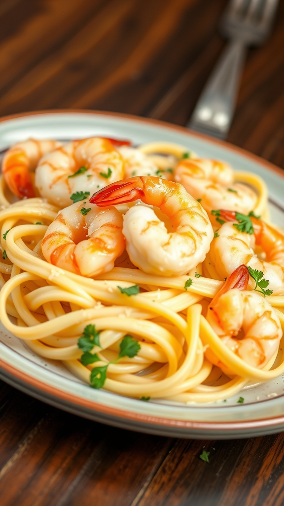 A delicious plate of Shrimp Alfredo pasta with shrimp and parsley garnish.