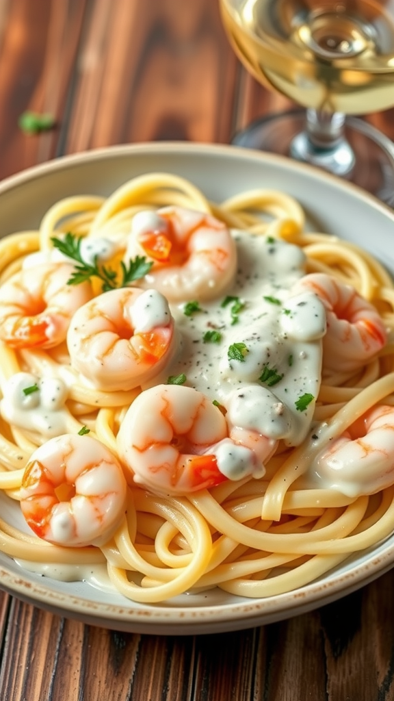 A plate of Shrimp Alfredo Pasta with a glass of white wine