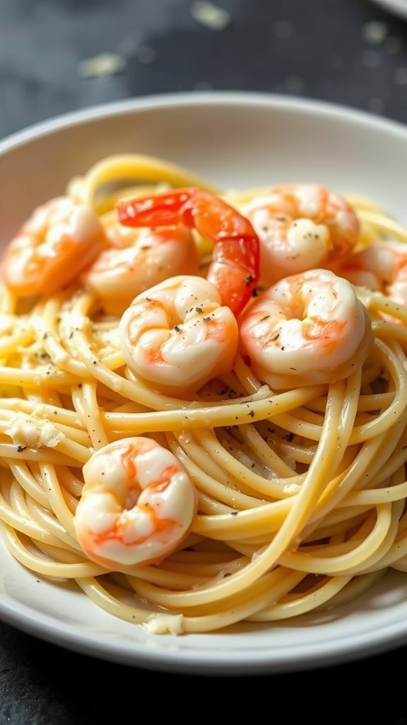A bowl of shrimp Alfredo pasta with zucchini noodles, featuring plump shrimp and creamy sauce.
