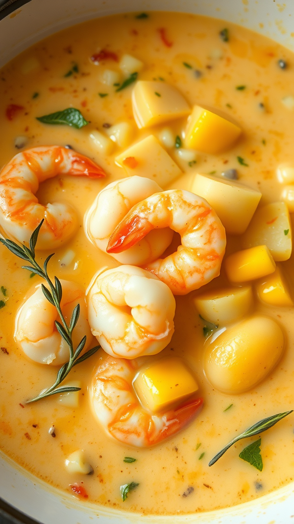 Creamy shrimp and corn chowder with potatoes and herbs in a bowl
