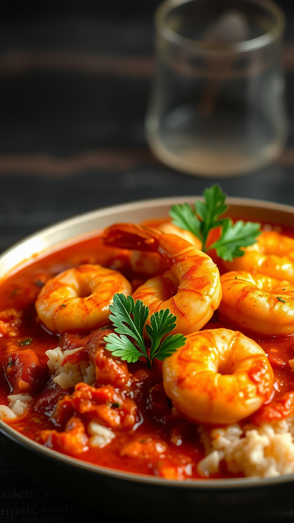 A bowl of Shrimp Creole with shrimp, rice, and parsley on top