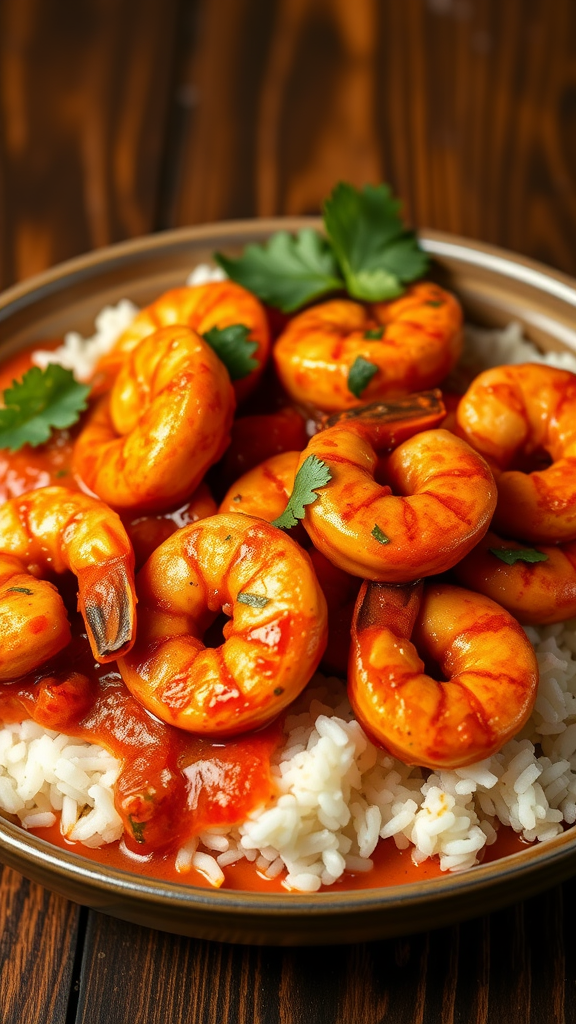 Delicious Shrimp Creole served over white rice, garnished with cilantro.