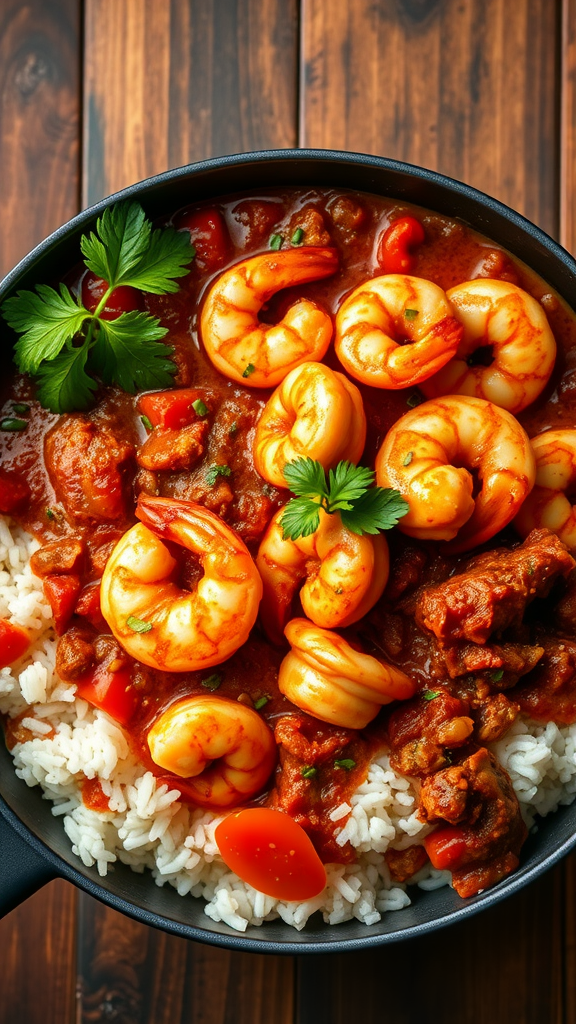A bowl of shrimp creole stew served over rice, garnished with fresh herbs and tomatoes.