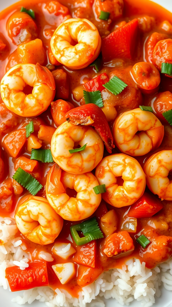 A delicious serving of Shrimp Creole with shrimp, bell peppers, and green onions over rice.