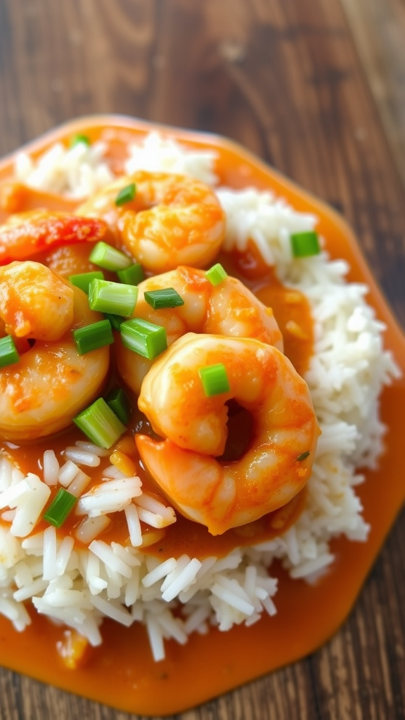 A delicious serving of Shrimp Etouffee served over white rice with green onions on top.