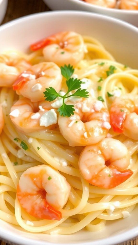 A close-up of Shrimp Fettuccine Alfredo with shrimp and parsley on a bed of fettuccine pasta.