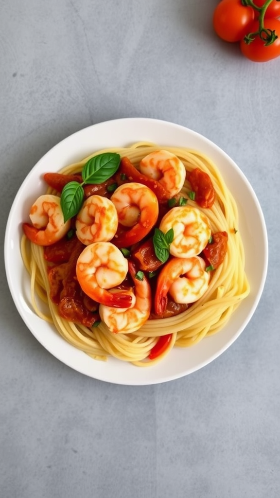 A plate of shrimp fra diavolo with spaghetti, garnished with basil and red peppers.