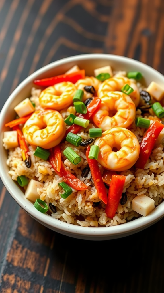A bowl of shrimp fried rice with colorful vegetables and shrimp on a wooden table.
