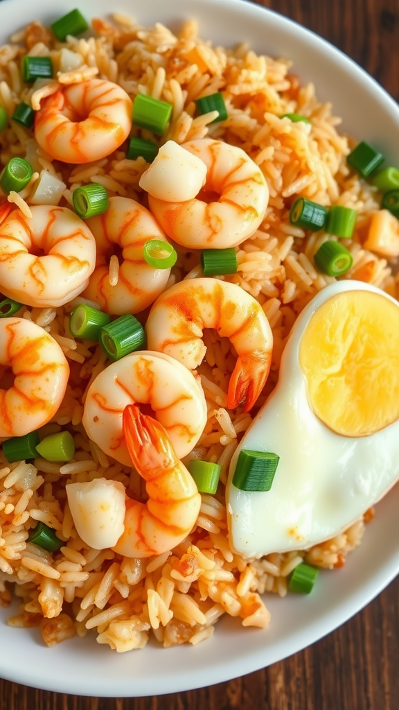 A delicious serving of shrimp fried rice topped with green onions and a soft-boiled egg.