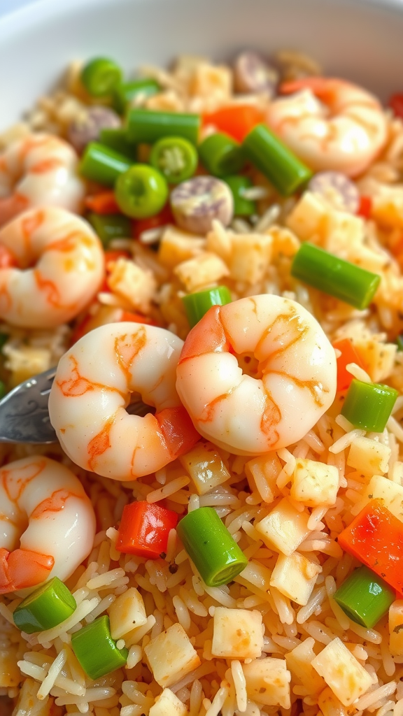 A vibrant bowl of shrimp fried rice with green onions and red peppers