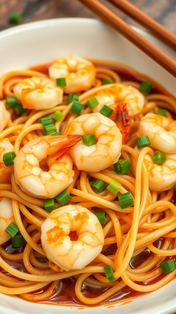 A close-up of a bowl of Shrimp Lo Mein with shrimp, noodles, and green onions