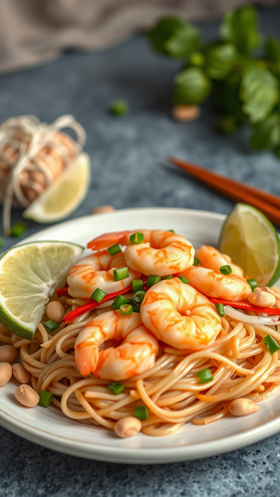 Plate of Shrimp Pad Thai with noodles, shrimp, lime, and peanuts