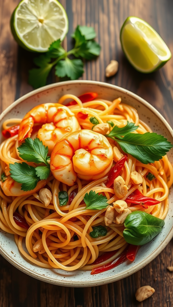 A bowl of Shrimp Pad Thai with noodles, shrimp, and fresh herbs