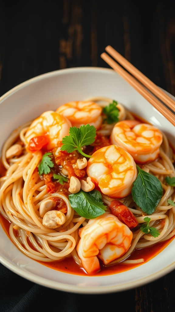 A bowl of Shrimp Pad Thai with noodles, shrimp, and garnishes