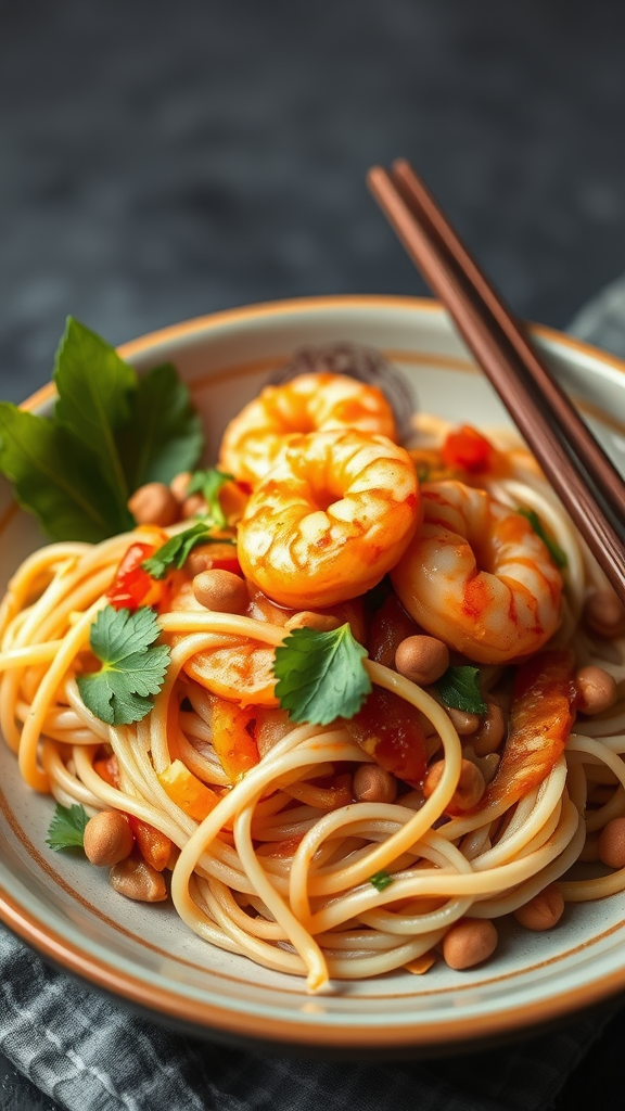 A delicious plate of Shrimp Pad Thai with shrimp, noodles, and fresh herbs