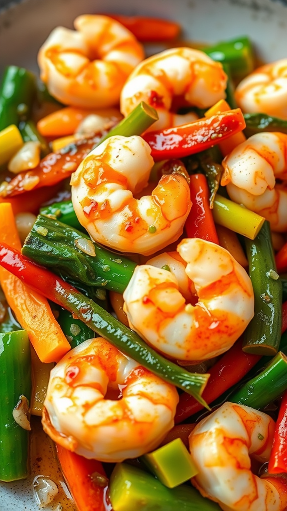 A colorful shrimp stir fry with bell peppers and green onions.