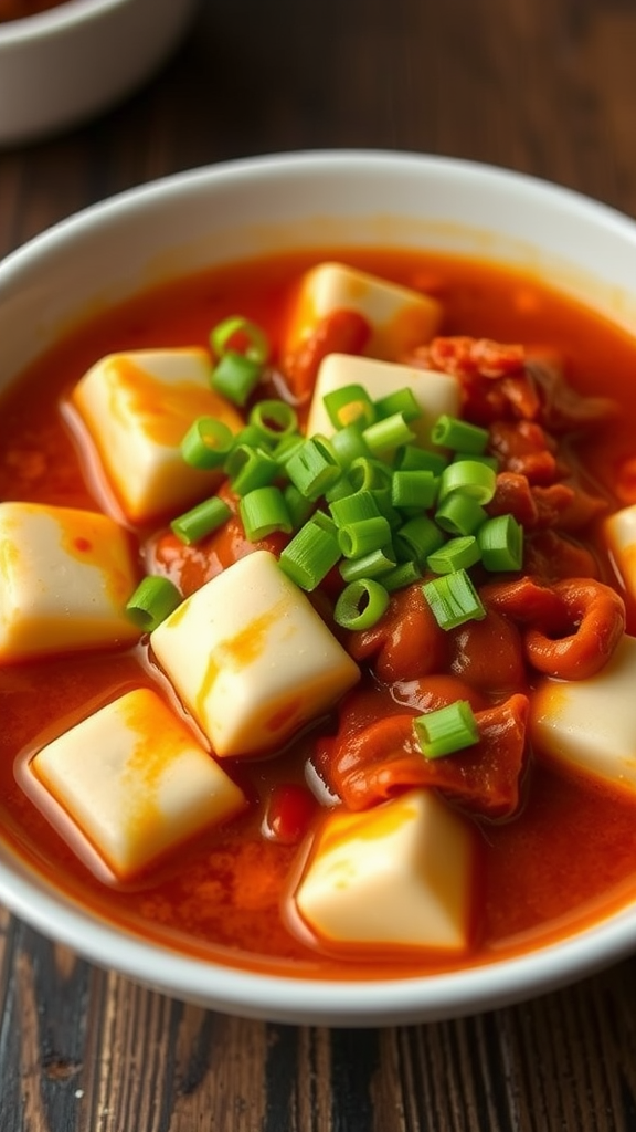 A bowl of Sichuan Mapo Tofu with tofu cubes, meat, and chopped green onions in a spicy red sauce.