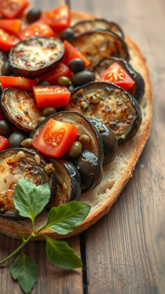 A close-up of Sicilian Caponata on bread, featuring roasted eggplant, tomatoes, and olives.