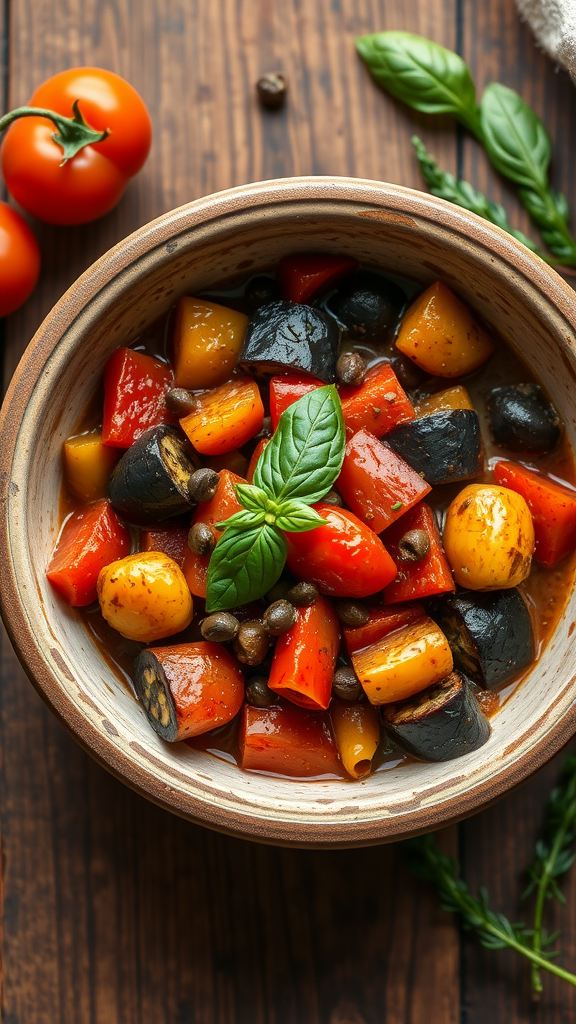 A bowl of Sicilian Caponata with colorful vegetables and a sprig of basil on top.