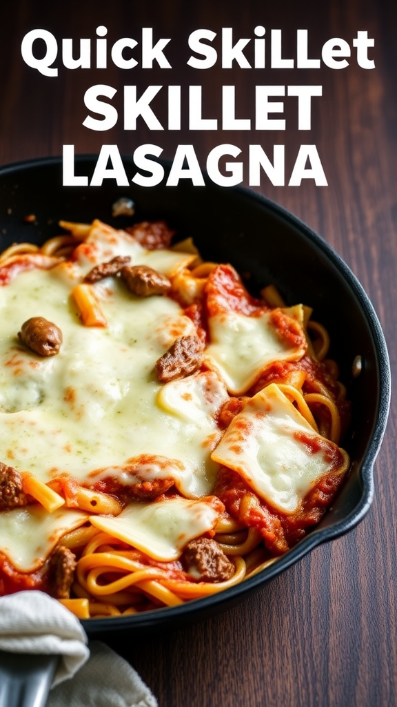 A skillet filled with lasagna, featuring pasta, meat, marinara sauce, and melted cheese.