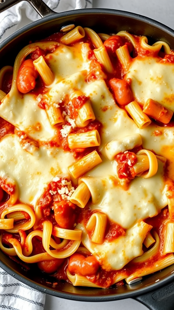 A close-up of a skillet filled with layered lasagna, featuring pasta, tomato sauce, and melted cheese.