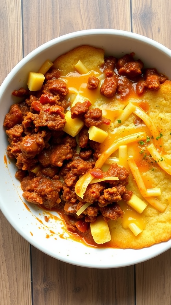 A bowl of Sloppy Joe Casserole with ground beef, cheese, and cornbread topping.
