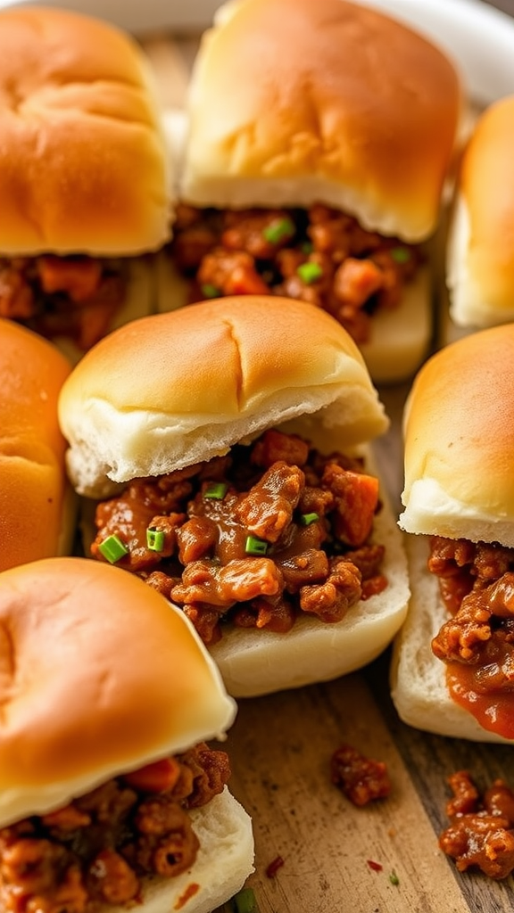 A platter of sloppy joe sliders filled with ground meat and served on soft buns.