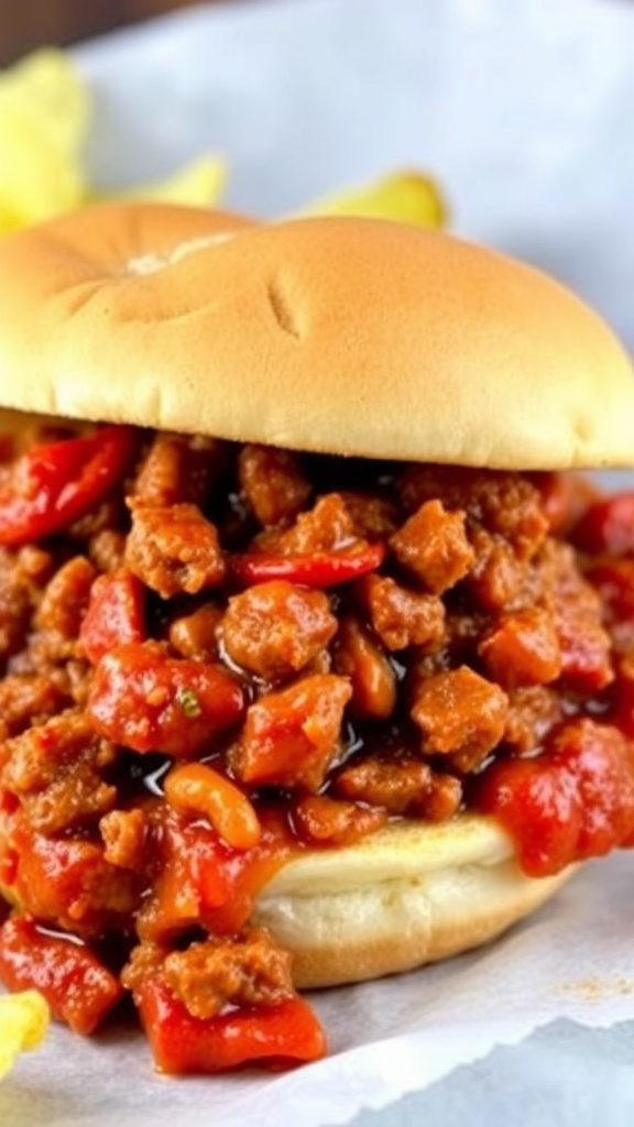 A close-up of a Sloppy Joe sandwich filled with ground turkey and bell peppers, served with a side of pickles.