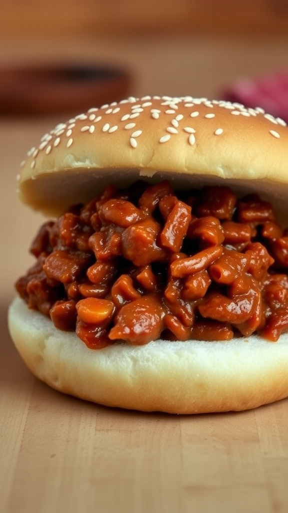 A Sloppy Joe with a sesame seed bun filled with a savory bean mixture.