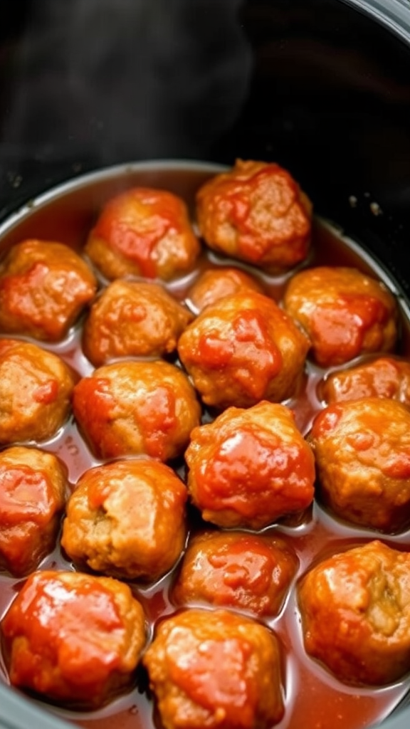 A close-up of slow cooker meatballs in a rich red sauce.