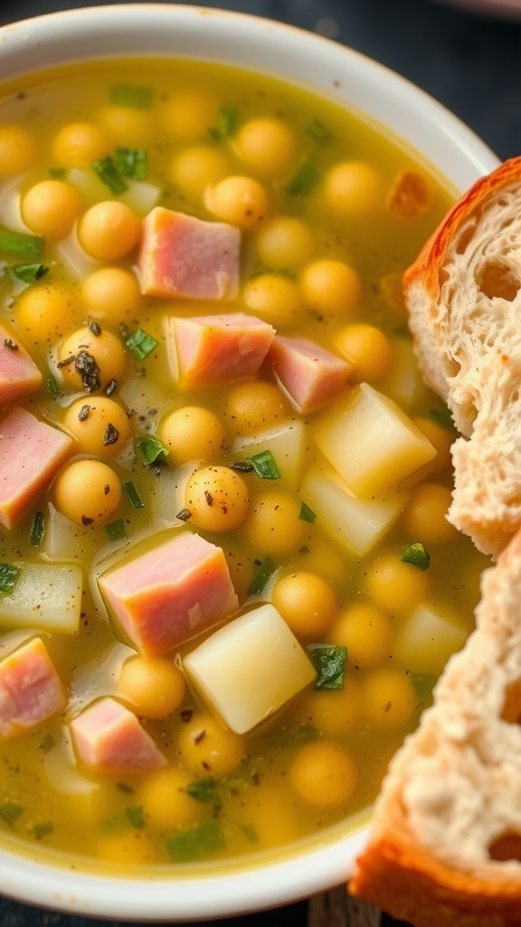 A bowl of split pea soup with ham and potatoes, served with a slice of bread.