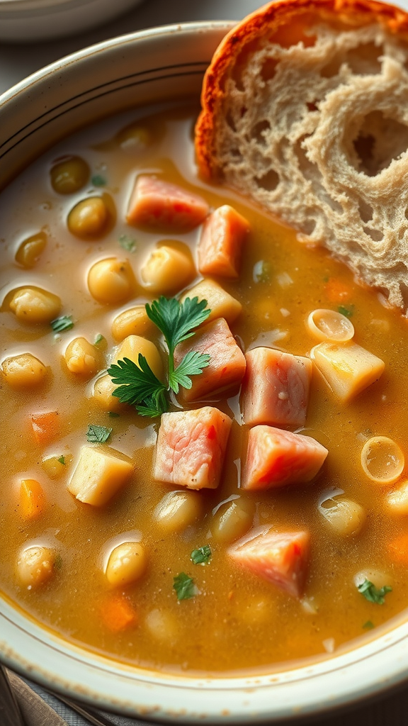 A bowl of slow cooker split pea soup with ham and a slice of bread