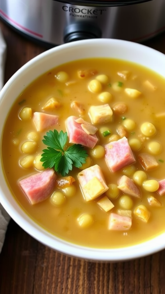 A bowl of split pea soup with ham and herbs next to a slow cooker.