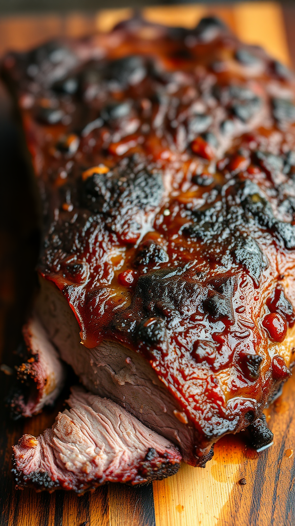 A close-up of smoked brisket with a shiny crust and tender slices