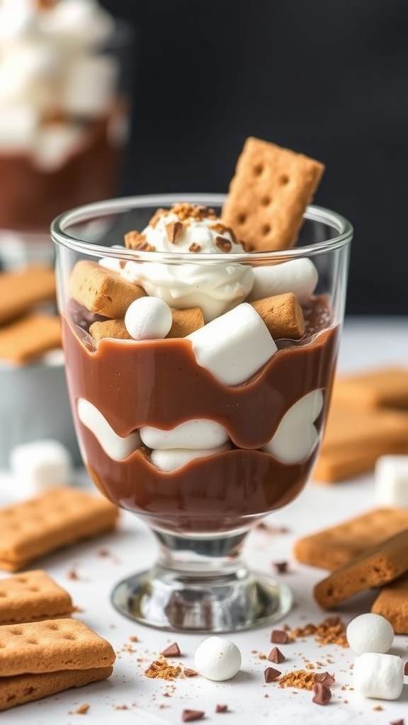 A layered s'mores dessert with chocolate pudding, graham crackers, marshmallows, and whipped cream in a clear glass