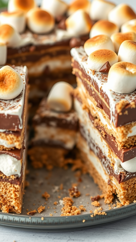 A delicious S'mores No Bake Cake with layers of chocolate, marshmallow, and graham crackers topped with toasted marshmallows.