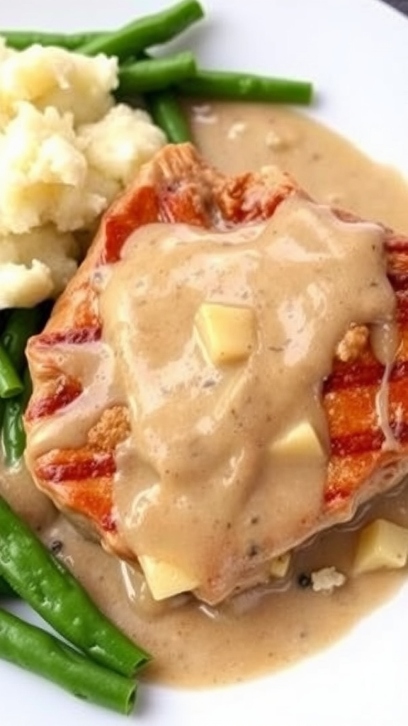 A serving of smothered pork chops with gravy, mashed potatoes, and green beans on a plate.