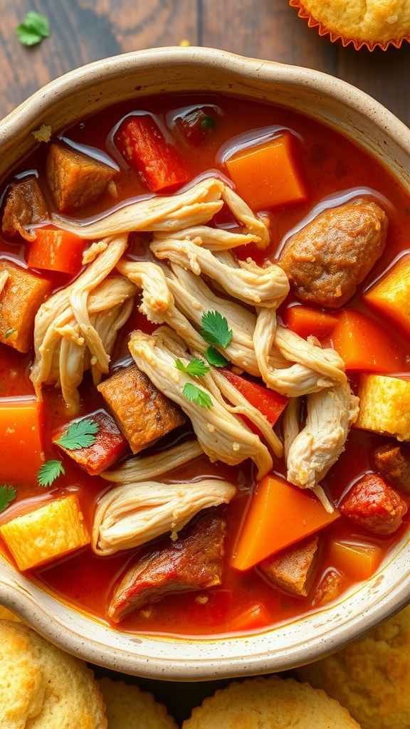 A bowl of Southern Brunswick Stew with shredded chicken, diced vegetables, and cornbread