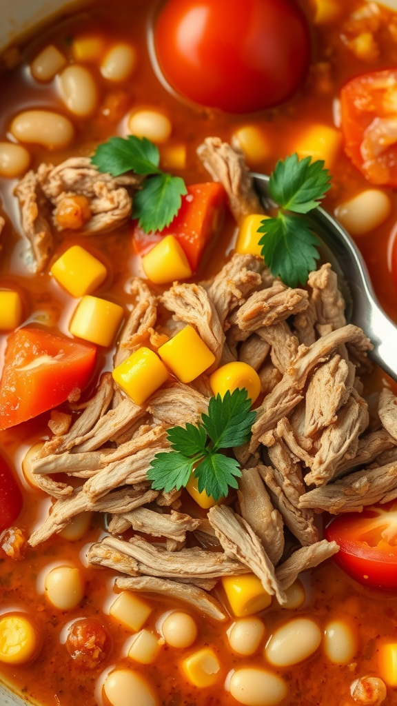 A bowl of Southern Brunswick Stew with shredded meat, corn, tomatoes, and beans.