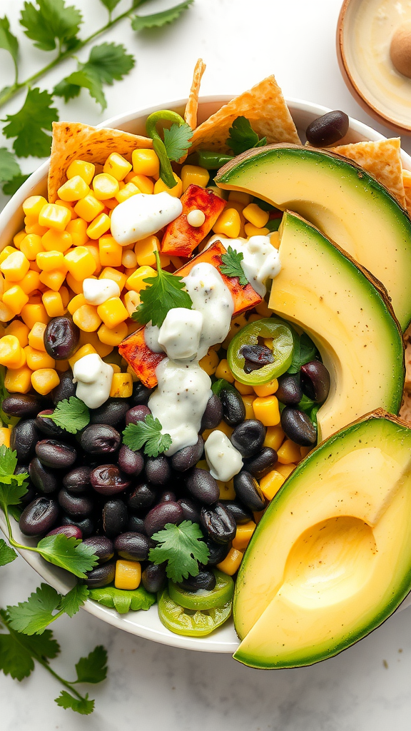 A colorful Southwest salad topped with avocado, corn, black beans, and cilantro lime dressing.