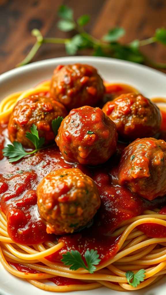 A plate of spaghetti topped with meatballs and marinara sauce, garnished with fresh herbs.
