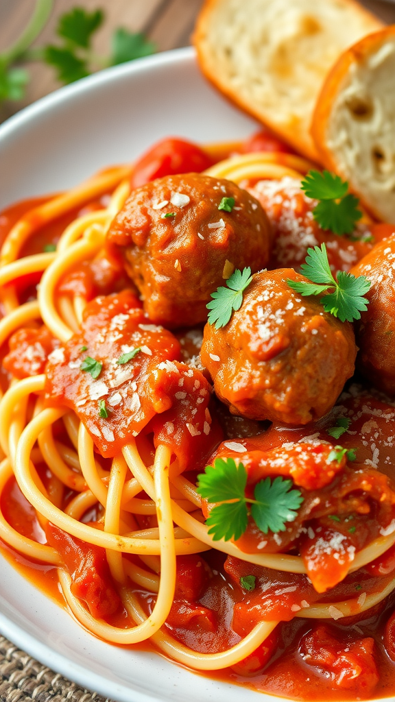 A plate of spaghetti and meatballs with tomato sauce, garnished with parsley, and a side of bread.