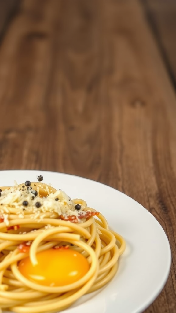 A plate of spaghetti carbonara with a golden egg yolk on top, sprinkled with cheese and black pepper.